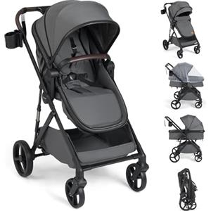 COSTWAY 2 in 1 Passeggino Leggero Pieghevole per Bambini, con Schienale Regolabile, Sedile Reversibile, Tettuccio, Cestello Portaoeggetti, per Neonati per 0-36 Mesi (Grigio)