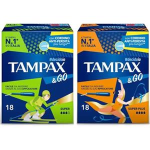 Tampax & Go Super e Super Plus, 36 Assorbenti Interni con Applicatore in Plastica, presa antiscivolo, doppio cordino Protettivo, ginecologicamente Testati, per Flusso Abbondante e molto abbondante