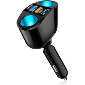 LAIVIYA Caricabatterie Accendisigari Auto, 5 In 1 Doppia Presa Accendisigari Auto con Doppia Porta USB, Doppia Presa Accendisigari con Interruttore Voltmetro LED, Caricabatterie Auto USB C per