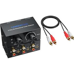 CAMWAY Commutatore Audio Bidirezionale 1x2/2x1 RCA e 3.5mm con Manopola di Controllo del Volume e Interruttore OFF,Selettore a 2 Porte per Cuffie Amplificatori,Bidirezionale Aux Sound Splitter
