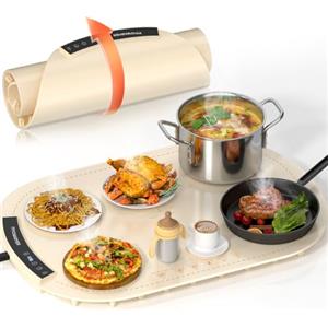 BURMONG INNOWARMER Vassoio Riscaldante Elettrico,Scaldavivande Elettrico Portatile con Temperature Regolabili e Timer, Silicone Pieghevole Tappetino Riscaldante per Feste,Ristoranti,Domestiche (Rotondo-Beige)