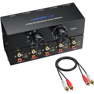 CAMWAY Commutatore Audio Bidirezionale 1x4/4x1 RCA e 3.5mm con Manopola di Controllo del Volume e Interruttore OFF,Selettore a 4 Porte per Cuffie Amplificatori,Bidirezionale Aux Sound Splitter