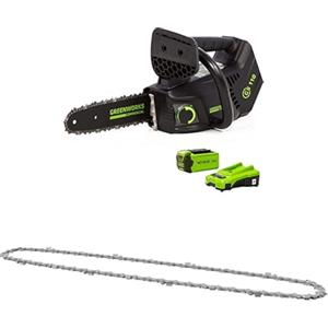 Greenworks Motosega a Batteria con Impugnatura Superiore, Motore Brushless, Lunghezza Barra 25cm, Batteria 40V 2Ah e Caricabatterie + GreenWorks 25cm Catena