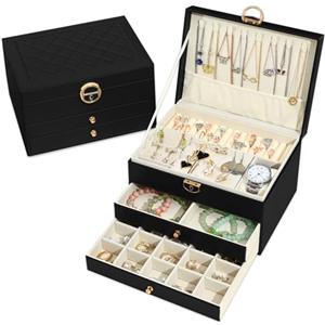 Granbest Scatola Portagioie con 3 Ripiani e 2 Cassetti, Elegante Cofanetto per Gioielli, in Pelle, Ideale per Collane, Bracciali, Anelli e Orecchini (Nero)