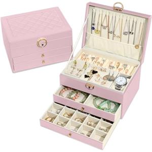 Granbest Portagioie a 3 strati con 2 cassetti, Elegante Portagioie, Scatola per Gioielli in Pelle Ideale per Collane, Braccialetti, Anelli e Orecchini (Rosa)