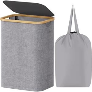 Lifewit Cesta Portabiancheria 80 L con Coperchio, Grande Cesto Biancheria Pieghevole in Bambù con Sacco Interno, Portabiancheria Salvaspazio, Laundry Basket per Camera da Letto, Bagno, Grigio Chiaro