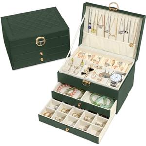 Granbest Scatola di Gioielli a 3 Strati con 2 Cassetti, Elegante Portagioie in Pelle, Borsa per Gioielli Ideale per Collane, Bracciali, Anelli e Orecchini, Colore: Verde Scuro