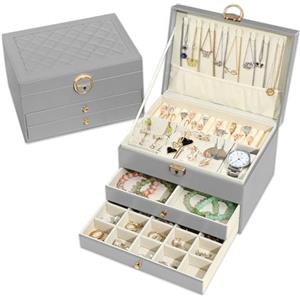 Granbest Portagioie a 3 strati, con 2 cassetti, elegante portagioie in pelle, ideale per collane, bracciali, anelli e orecchini (grigio)