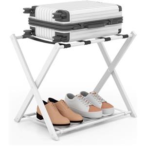 RELAX4LIFE Portavaligie Pieghevole, Robusto Portabagagli Multiuso con 2 Ripiani, 68 x 43 x 56 cm, Cavalletto Reggivaligie Salvaspazio con Scarpiera per Casa e Hotel, Portata 80 kg,Bianco