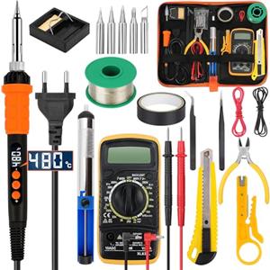 BILIPLE Saldatore Kit, 90W Saldatura a Stagno Professionale con 5 Punte, Temperatura Regolabile 180-480°C, 20 in 1 Set di Saldatori con Pompa Dissaldante, Pinzetta, Multimetro Digitale, Supporto