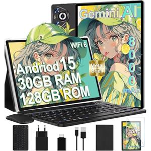 Dghrti Tablet Android 15, 30GB RAM 128GB ROM(TF 2TB Espandibile), 10 Pollici, 8000mAh, WIFI 5G/ GPS/ BT5.0/ OTG, Face ID, Widevine L1, Tablets Corpo in Metallo con Tastiera, Mouse, Custodia Protettiva -Nero