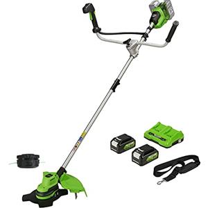 Greenworks 48V (24V×2) Decespugliatore a batteria: brushless, imbracatura, manubrio. Ampiezza taglio 38cm, filo nylon 2mm, lama 25cm. 2 batterie 24V 4Ah + caricabatterie, garanzia 3 anni. GD24X2BCBK4x