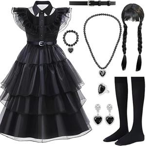 Snarflun Costume Halloween Bambina, 8pz. Vestito Mercoledì Addams, Vestiti per Carnevale Party Halloween Cosplay, 130 cm,140cm (140)