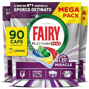 Fairy 30 Minuti Miracle Detersivo Pastiglie Lavastoviglie, 90 Capsule, Limone, Il Nostro N.1 Contro Lo Sporco Ostinato, Potente Anche Nei Cicli Brevi, MEGA Pack