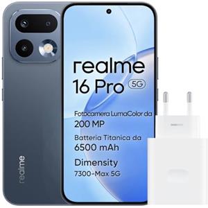 realme 16 Pro 5G Smartphone, 8GB+512GB, Display AMOLED 144Hz 6,78", Batteria 6500mAh, Fotocamera 200MP OIS, IP69K, Ricarica Rapida 45W, Doppia SIM, Next AI, Grigio