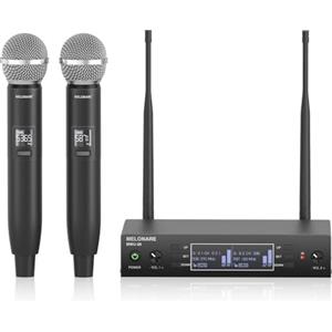 MELONARE Sistema Microfonico Wireless a Doppio Canale, MELONARE Microfono Senza Fili in Metallo con Auto-Scan, Portata di 260ft, 2x100 Frequenze UHF, Microfono Dinamico per Canto, Karaoke, Chiesa (MWU-20-2H)