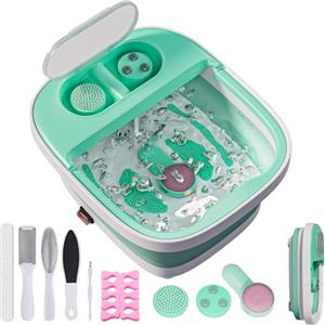 Qtiice Massaggiatore pieghevole con riscaldatore, 3 inserti per pedicure, funzione bolle, pedicure pedicure con kit pedicure e manico per alleviare lo stress