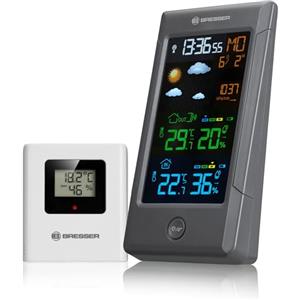 Bresser Stazione meteo radio con sensore esterno ClimateTemp NBF, orologio radio DCF, termometro igrometro interno ed esterno, previsioni meteo e display a colori, digitale