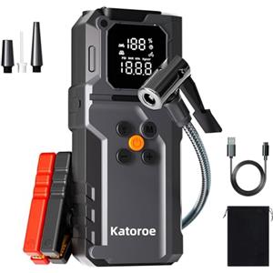 KATOROE Avviatore Batteria Auto con Compressore 150PSI 4000A, Booster Avviamento Auto/Moto 12V (per 9.0L Gas/8.0L Diesel), Jump Starter Portatile con Display Digitale e Luce LED