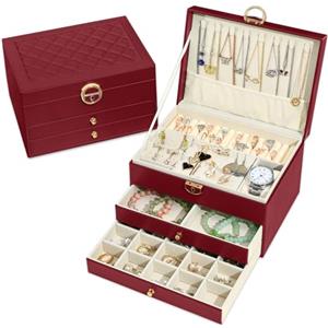 Granbest Portagioie a 3 strati, con 2 cassetti, elegante portagioie in pelle, ideale per collane, bracciali, anelli e orecchini (rosso vinaccia)