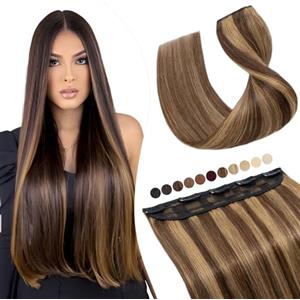 Elailite Extension Clip Capelli Veri Fascia Unica #4/#27 Marrone Cioccolato/Biondo Scuro - 20cm 100% Remy Human Hair Naturali Lisci 40g