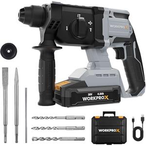WORKPROX Martello perforatore a batteria 20V SDS-Plus, 2,0 J, Motore Brushless, 4 Funzioni, Batteria 4,0Ah, Ideale per Fai-da-te e Lavori Professionali