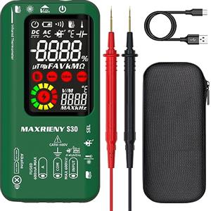 MAXRIENY Multimetro Digitale Termometro a Infrarossi Ricaricabile Voltmetro Intelligente 9999 Conteggi Tester di Corrente Elettrica Capacità Diodo Tester di Tensione per LED Automotive Elettronico