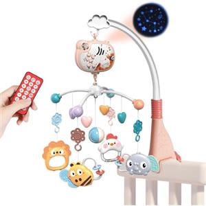 Aolso Carillon Elettronico per Culla e Lettino,Telecomando Scatola Musicale con 317 Melodie,Rotanti Giocattoli per Neonati,Telecomando Funzione di Cronometraggio con Proiettore e Musica, Coniglio-Rosa