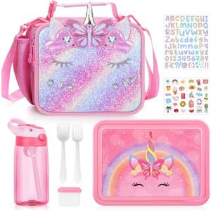 JYPS 3PZ Lunch Box Set, Borsa Termica Porta Pranzo, Bento Box, Borraccia per Bambini, Senza BPA Microonde e Lavastoviglie, con Cucchiaio e forchetta, Porta Pranzo con Scomparti per Scuola (Unicorno)