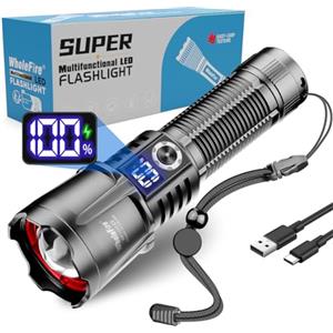 WholeFire Torcia LED ricaricabile, torcia LED estremamente luminosa 150000 lumen, torcia impermeabile alimentato a batteria, torcia elettrica USB (Nero)