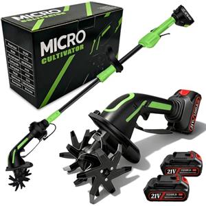 Aisny Motozappa Elettrica, Motozappa a Batteria 21V con 2 Batterie 3000mAh y Mango de 1,3m Motocoltivatore con 4 Lame in Metallo Larghezza di Lavoro 10cm Profondità di Lavoro 10cm 235 Giri/min