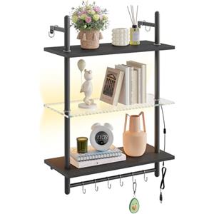 Bestier 60 × 24 × 96 cm, 3 livelli, mensola da cucina industriale da parete con tubo rotondo e gancio, mensola da parete in legno per decorazione e conservazione, libreria per soggiorno, cucina