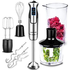 Lehmann Chowmei - Mixer manuale multifunzione con un set di accessori intercambiabili, 1200 W, contenitore dosatore da 600 ml, ciotola da 860 ml, funzione turbo, colore: argento/nero