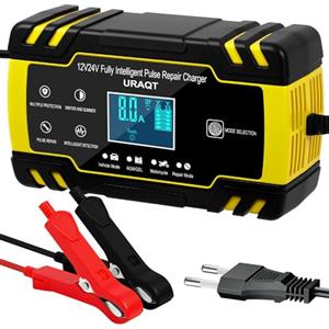 URAQT Caricabatterie Auto Moto 8A 12V/24V, Carica Batteria per Auto di Carica, Mantenitore Batteria Moto Intelligente con Schermo LCD Touch Screen, Multi Ricondizionamento, per Auto Moto Barche AGM