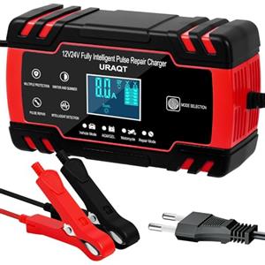 URAQT Caricabatterie Auto Moto, 8A 12V/24V Carica Batteria per Auto di Carica, Mantenitore Batteria Moto Intelligente con Schermo LCD Touch Screen, Multi Ricondizionamento, per Auto Moto Barche AGM
