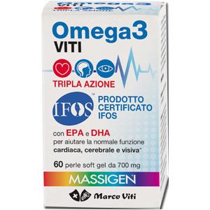 Massigen Omega 3 Viti Tripla Azione - Integratore Alimentare 60 Perle Softgel con EPA e DHA per il Benessere Cardiaco, Visivo e Cerebrale