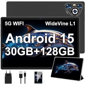 Dghrti Tablet Android 15, Schermo IPS HD 10 Pollici, 30 GB RAM e 128 GB + Estensione 1TB TF, Octo-Core e 8000mAh, WiFi 6, Widevine L1-5+8 MP, Telaio in Metallo, Tablet touch con Custodia- Nero