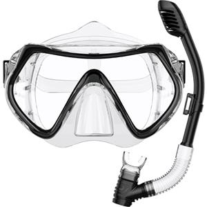 BuyCard Maschera da snorkeling, vista panoramica a 180 gradi, attrezzatura da snorkeling Dry Top, sicura, anti-perdite, anti-appannamento, set da snorkeling e occhialini da nuoto (nero trans, età 6-14