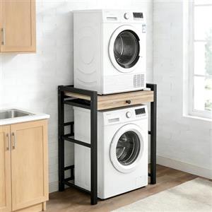 YUODIJIO Mobile per Lavatrice e Asciugatrice con Ripiano, Scaffale per Lavatrice e Asciugatrice, Mensola per Lavatrice, in Legno e Metallo, Portata 350 Kg Nero