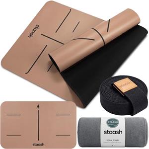 STAASH Premium Yoga Set - Tappetino da yoga in PU & gomma naturale + asciugamano in microfibra + cinturino da yoga + pad per mano - Ultra Grip, ecologico e qualità da studio per yoga esigenti (beige