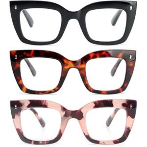 KoKoBin 3 confezioni di oversized occhiali da lettura quadrati da donna, anti luce blu con cerniere a molla occhiali (Nero, marrone leopardato, rosa leopardato, 1.5, Diottria)
