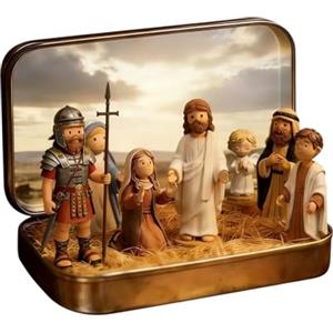 Generic Piccola statuetta di Gesù, compatta e portatile, 9,5 x 6 x 2,2 cm, scena in miniatura della resurrezione pasquale in una scatola di latta, set di presepe in resina tascabile, commemorazione pasquale