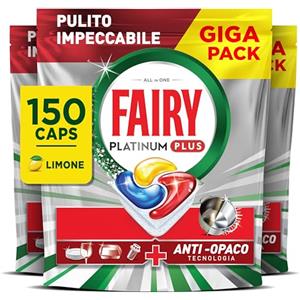 Fairy Platinum Plus Pastiglie Lavastoviglie, 150 Capsule, Limone, Detersivo Con Tecnologia Anti-Opaco, Contro Grasso e Incrostazioni Ostinate Anche nei Cicli Brevi