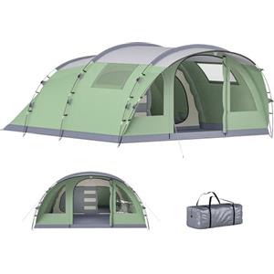 Outsunny Tenda Campeggio a Tunnel per 5 Persone Alta 196cm con 2 Stanze, Tenda da Campeggio Familiare Impermeabile 3000mm con Veranda, 4 Finestre, Gancio, Borsa Trasporto, per Trekking, Verde Chiaro