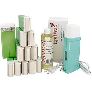 EpilWax Royal Depilatory Kit completo di: Scaldacera professionale, 12 Roll-On di cera da 100 ml di Aloè Vera 100 strisce depilatorie, 1 flacone di olio dopocera da 250 ml - (Royal Aloè Series 12)