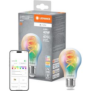 LEDVANCE Lampada LED SMART+ MATTER, vetro chiaro a filamento, 4,8W, 470lm, goccia E27, luce colorata e bianca, compatibile con Google, Alexa, Apple, app o controllo vocale, durata fino a 15.000 ore