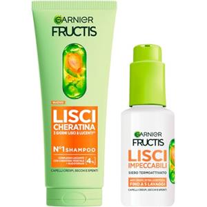 Garnier Fructis Lisci Cheratina Set Siero Termoprotettore Lisci Impeccabili 50ml per Capelli Crespi Protegge Fino a 230°C + Shampoo 200ml Trattamento Lisciante con Olio di Argan - Set da 2
