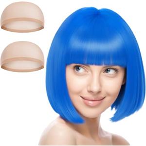 Aomig - Parrucche corte blu chiaro con 2 retine per parrucca, per costume neon, per feste, parrucca sintetica dritta, casual, per Halloween