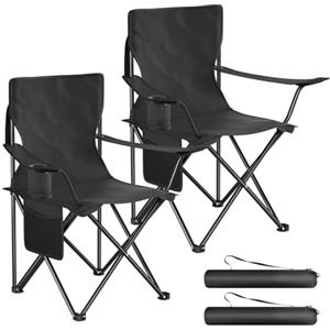 WOLTU Set di 2 Sedie da Campeggio, Sedie Pieghevoli con Borsa di Trasporto, Portabicchiere e Tasca Laterale, Portata 120 kg Ciascuna, per Pesca, Picnic e Spiaggia,Nero