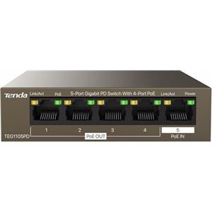Tenda Switch PoE 5 Porte Gigabit TEG1105PD - 4 Porte PoE Out, 1 Porta PoE In, Potenza fino a 25W, Plug & Play, Senza Ventola